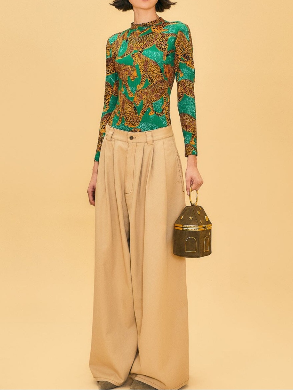 Farm Rio Khaki Wide Leg Palazzo Pants Low Rise Pleated 100% Cotton S